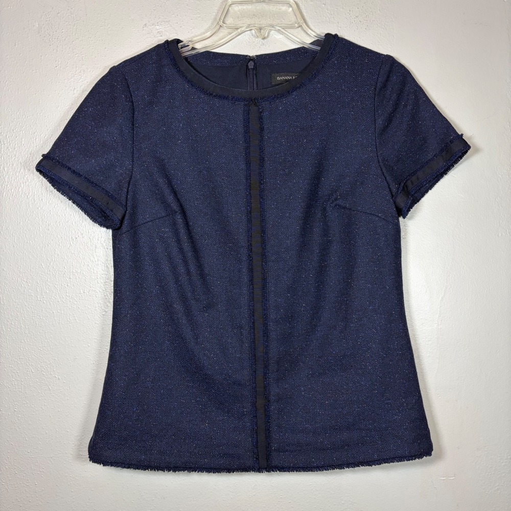 Banana Republic Womens Navy Blue Wool Silk Blend Tweed Fringe Blouse Top Size 0
